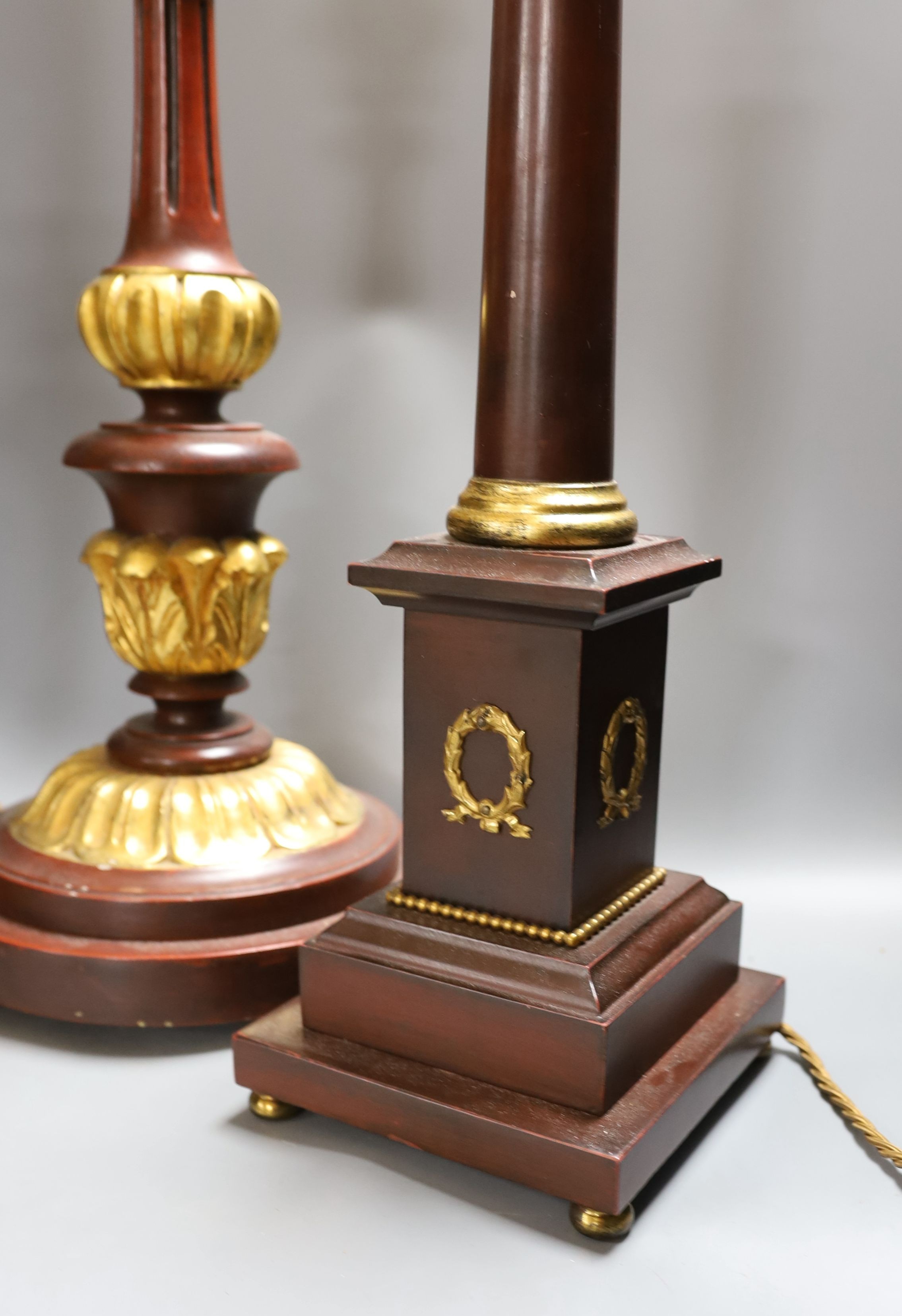 Three parcel gilt wood table lamps - tallest 64cm